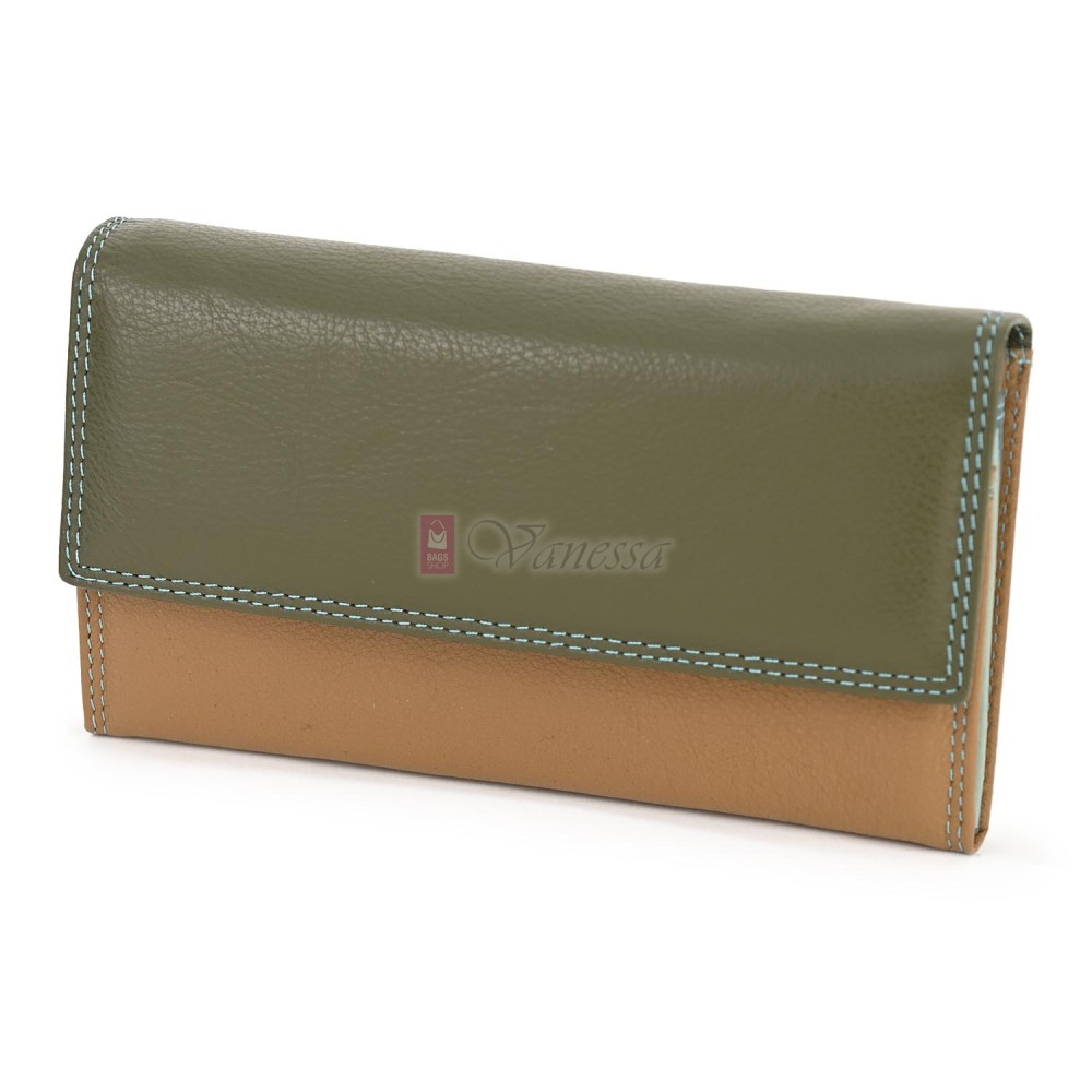 Голямо дамско портмоне от естествена кожа в бежово-зелен цвят. КОД: 406